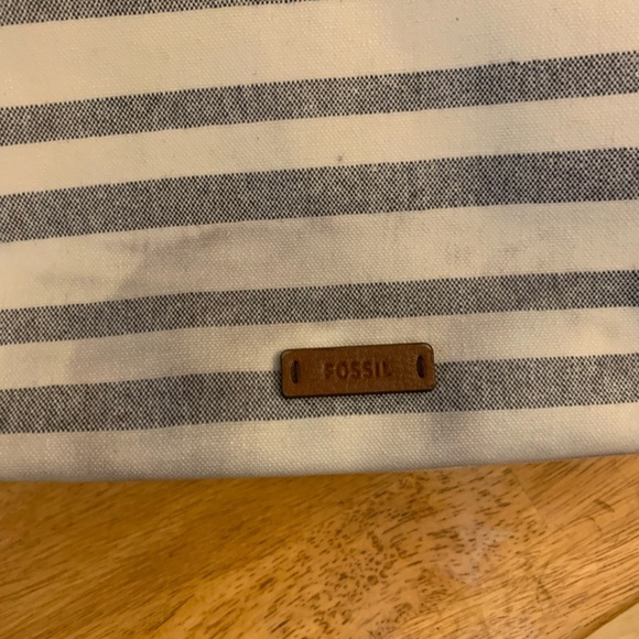 Fossil Blue Stripes and Brown Canvas large Tote Bag with Leather Straps - Picture 7 of 9